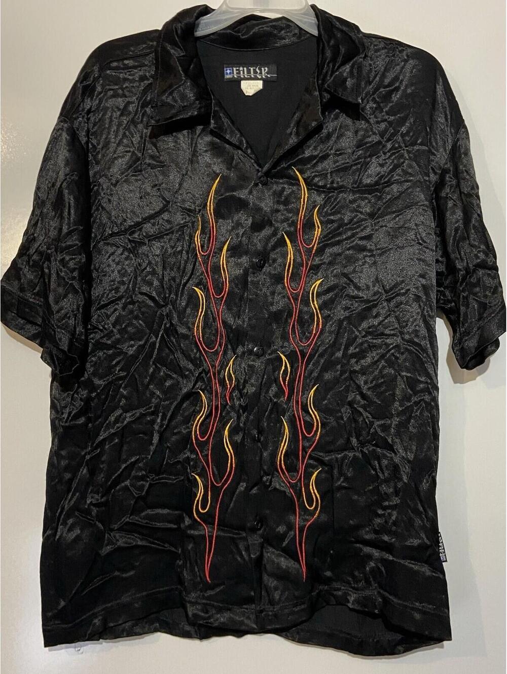 Mens FILTER Black Vintage Short Sleeve Button Up Flame Shirt Sz L